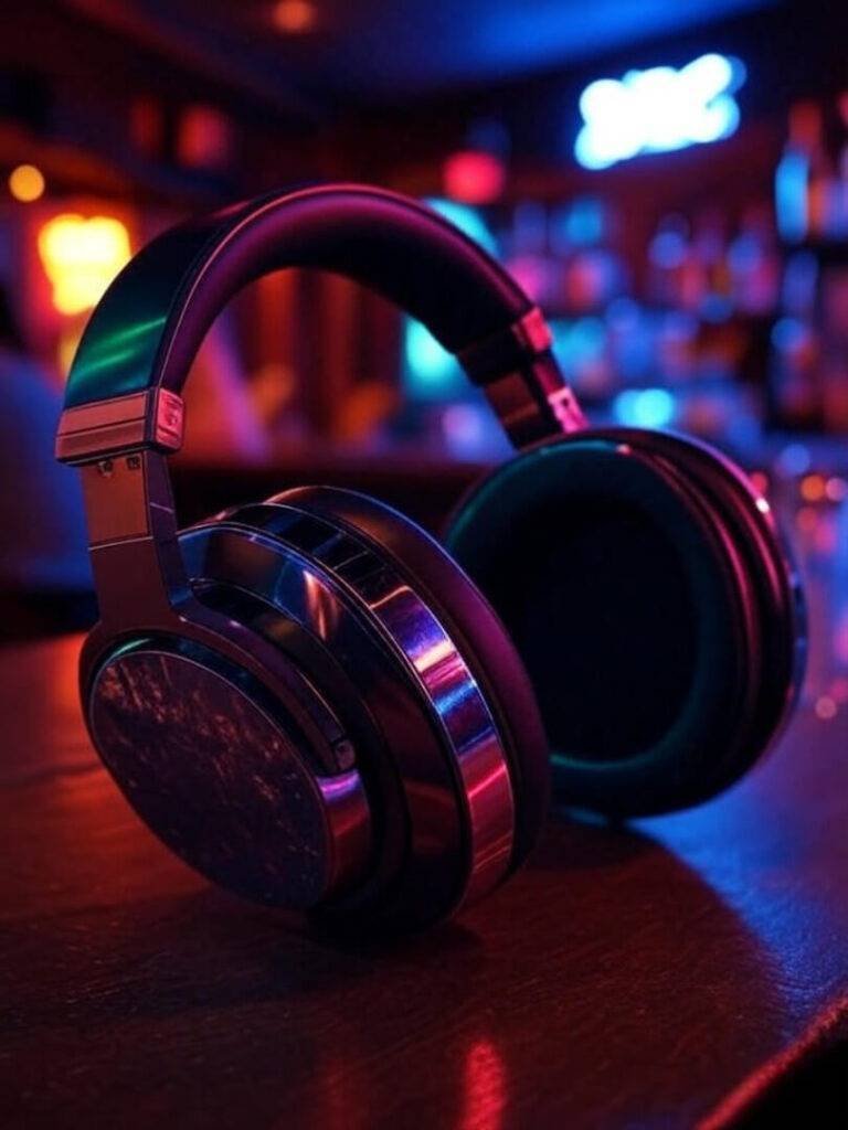 Blurry headphones glow with neon in bar vibe