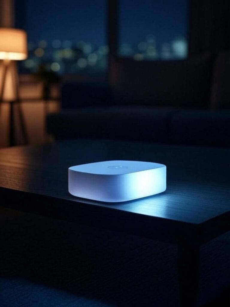 Glowing streaming device lights up dark apartment night