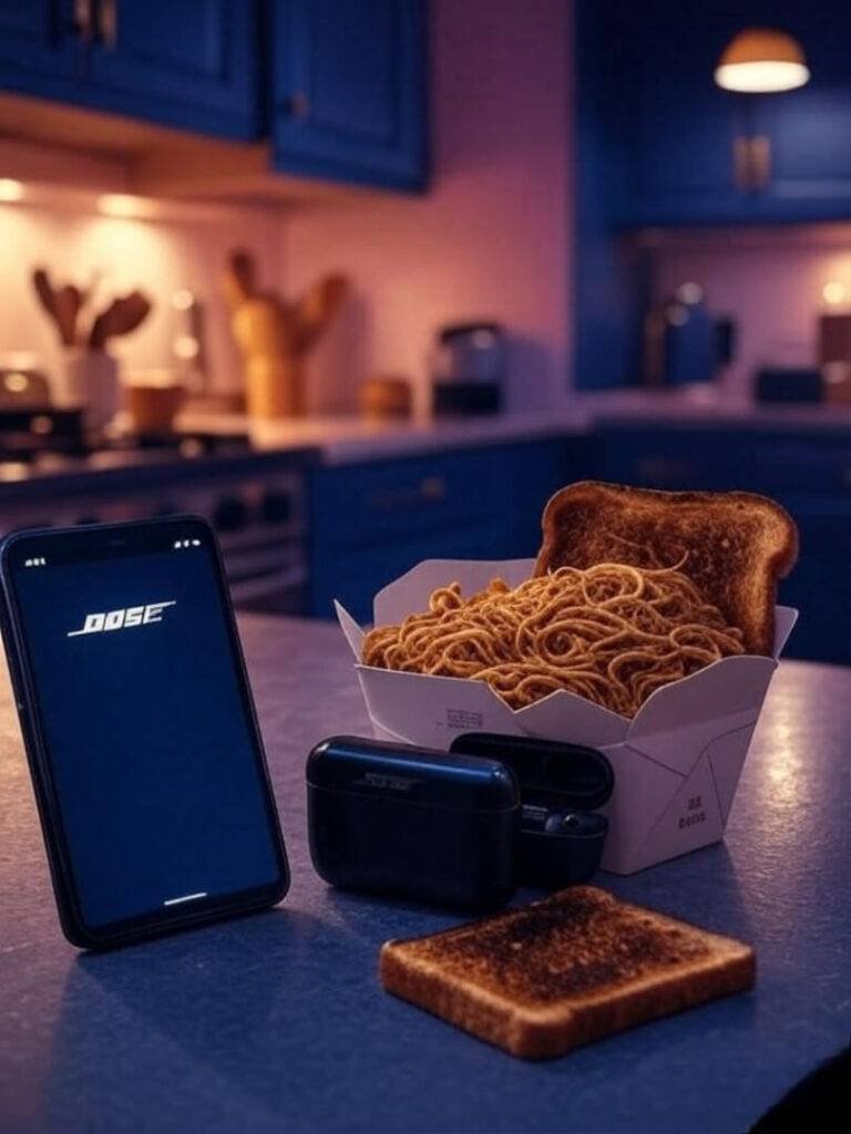 Midnight kitchen mess with Bose earbuds, burnt toast