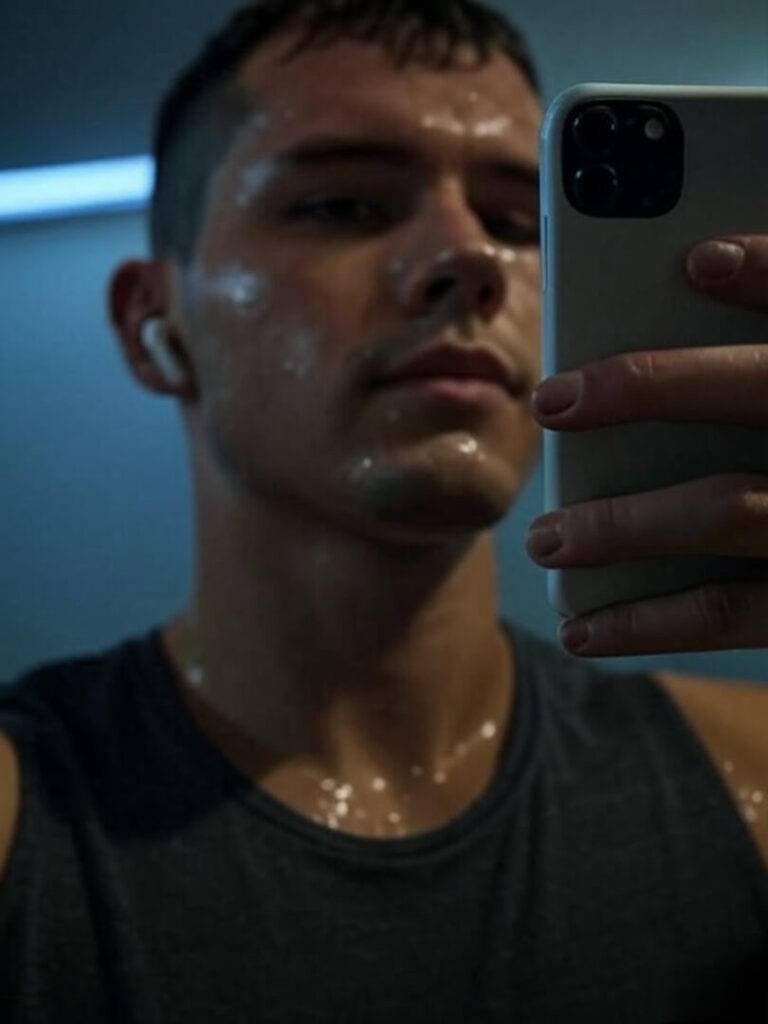 Sweaty workout selfie with AirPods 4, gritty vibe