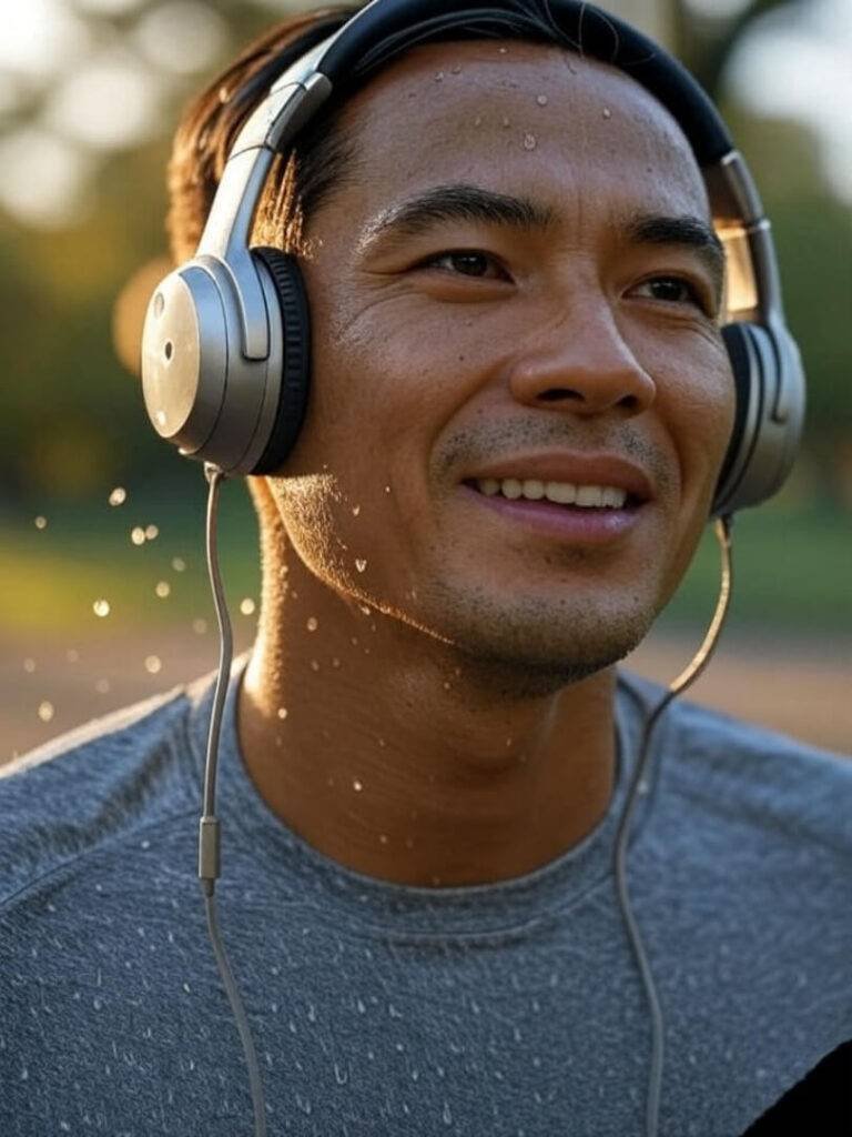 Jogger with Earfun Air Pro 4, vintage park scene