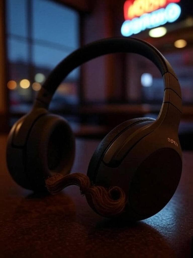 Selfie with Sony WF-1000XM5, coffee mustache, neon bodega