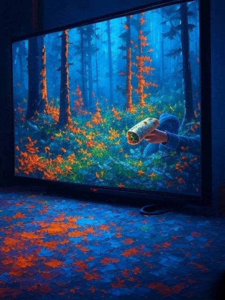Glowing forest TV, distorted burrito reflection
