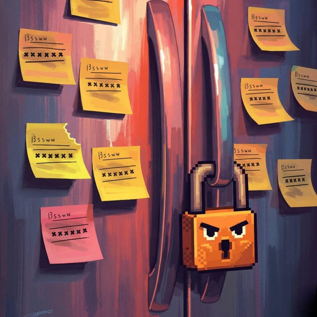 A messy fridge covered in sticky notes and a padlock