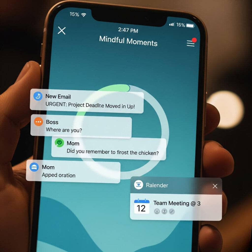 A chaotic meditation app screenshot with notifications