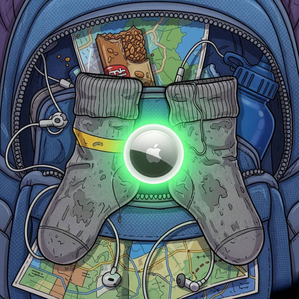 Glowy AirTag in messy backpack with socks