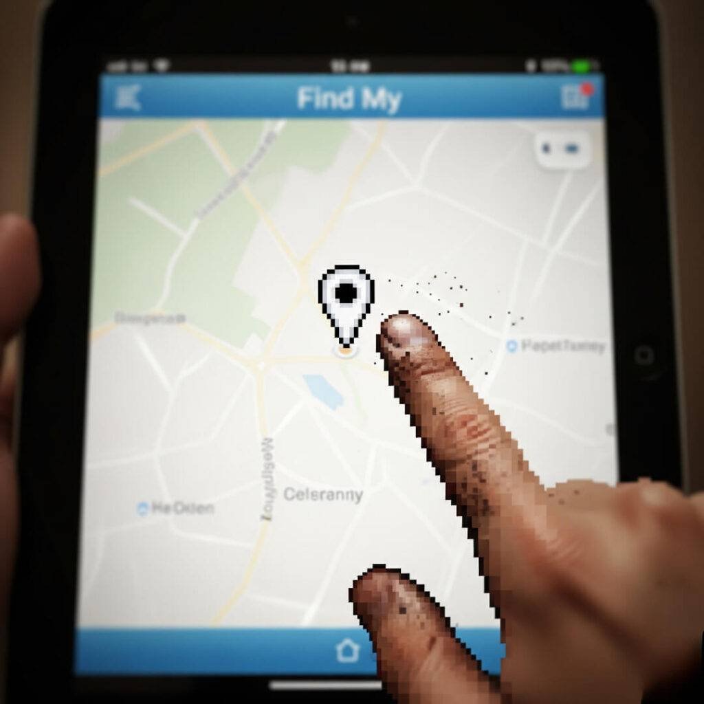 Blurry Find My app with finger pointing at pin