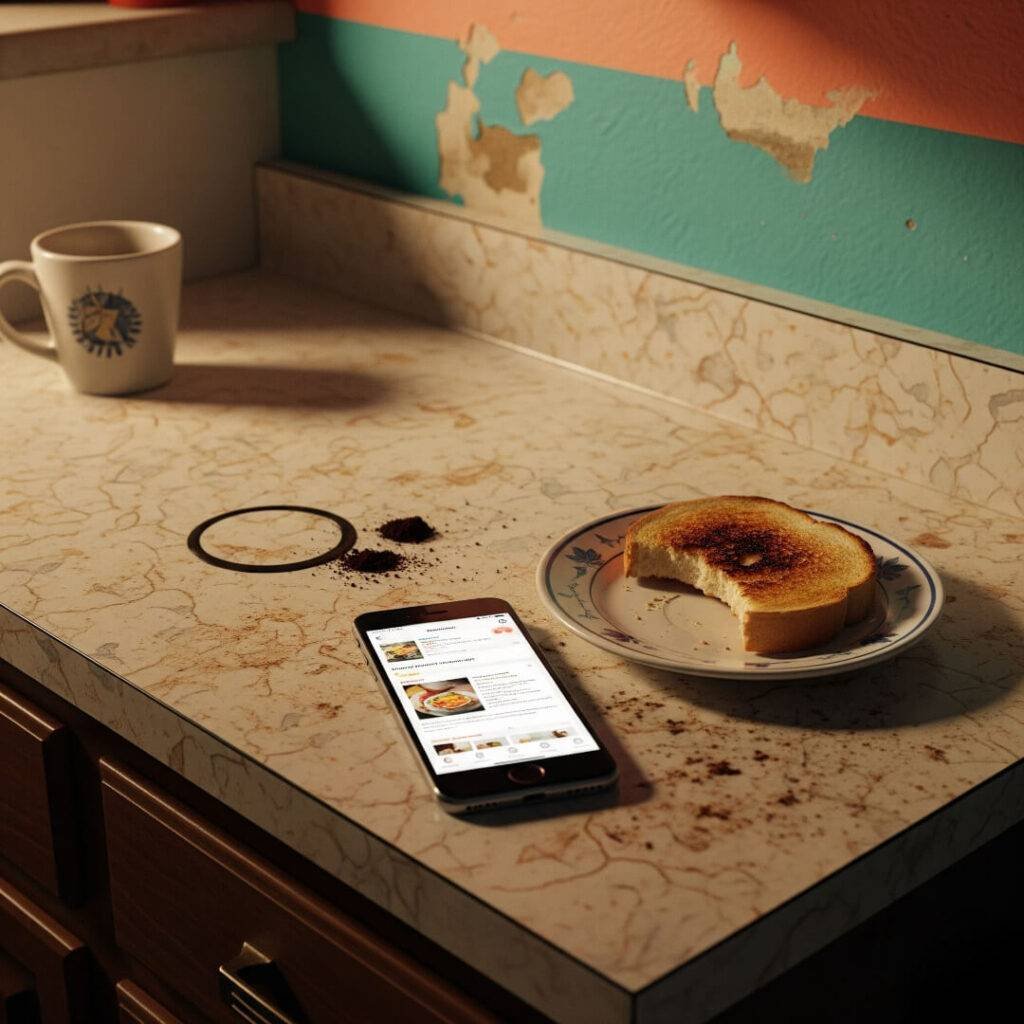 Countertop with coffee stains, phone, and burnt toast