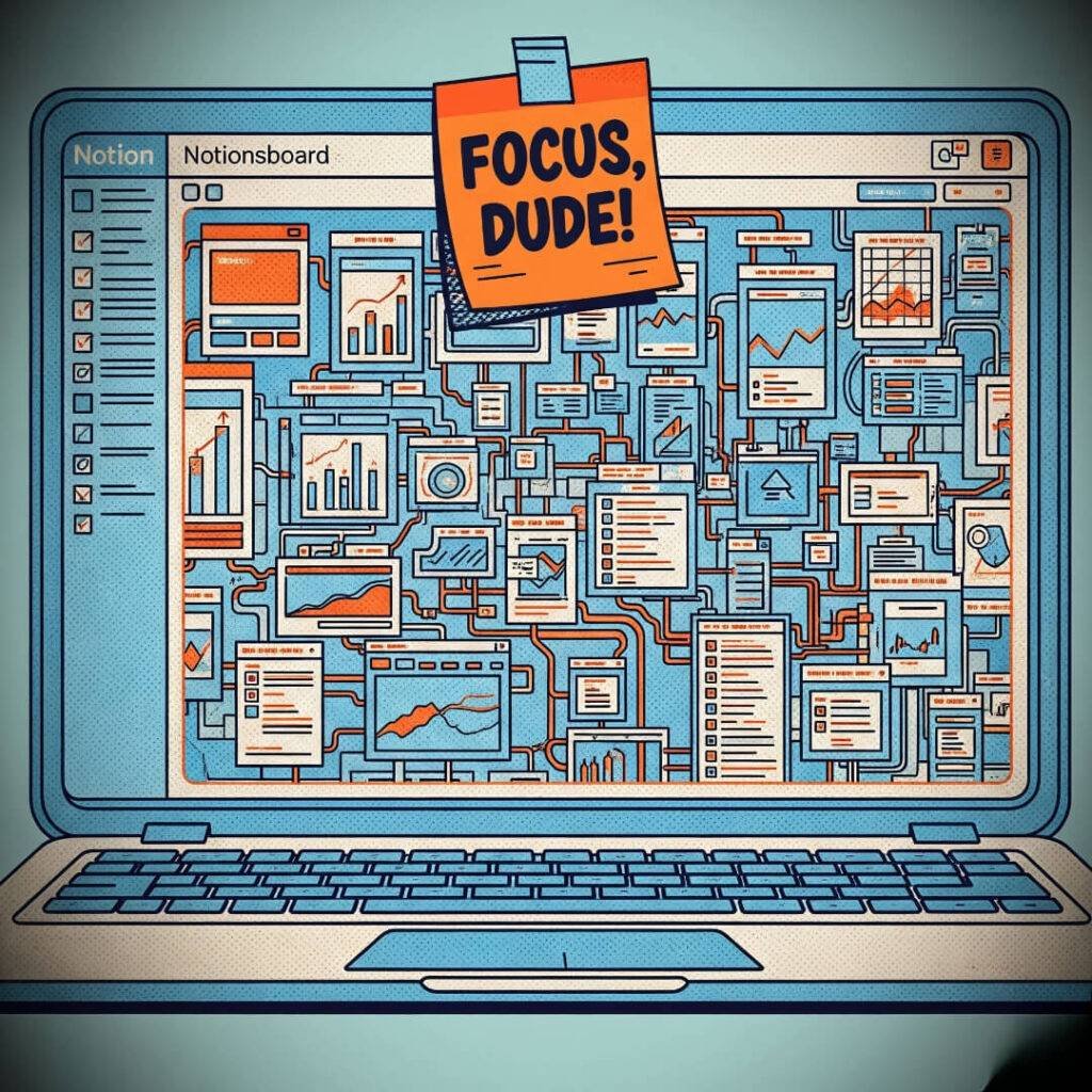 Retro cartoon of Notion dashboard with "FOCUS, DUDE!" note