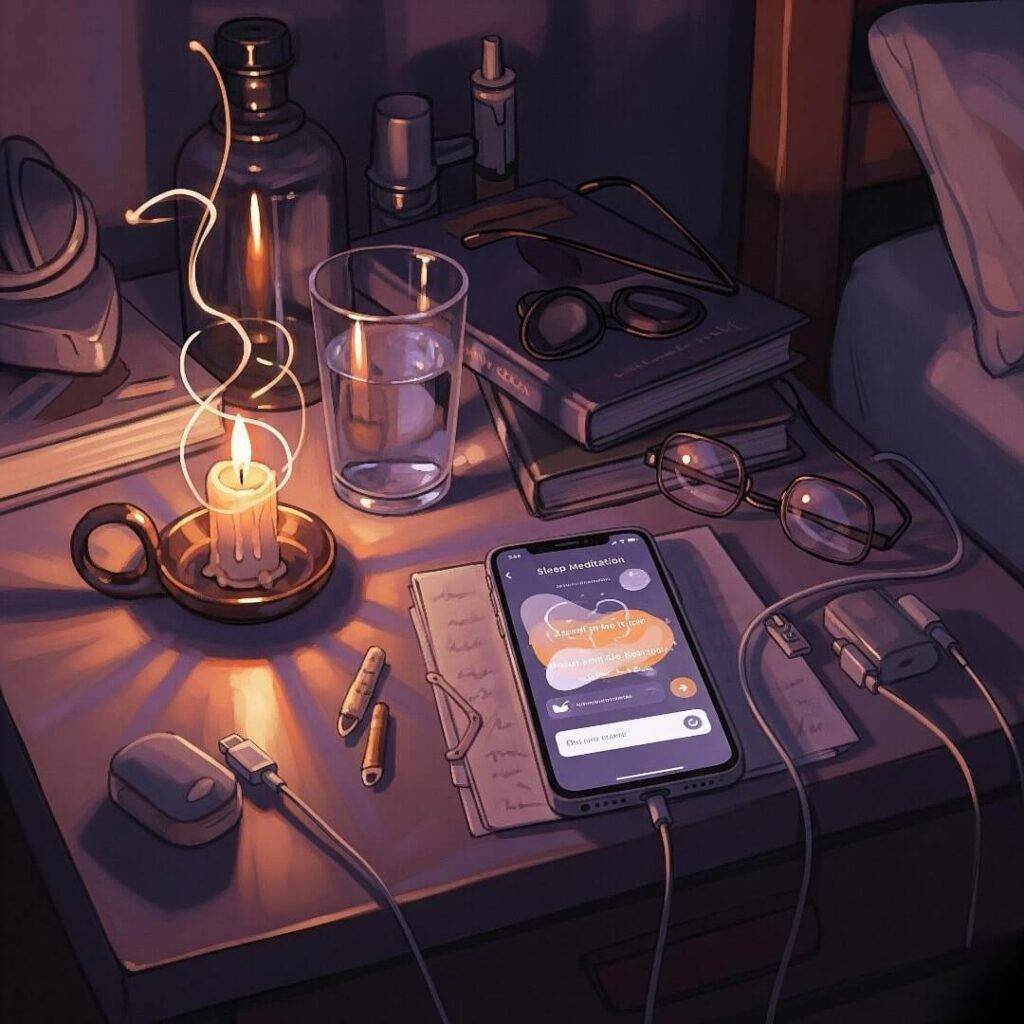 Nightstand with sleep meditation app and flickering candle