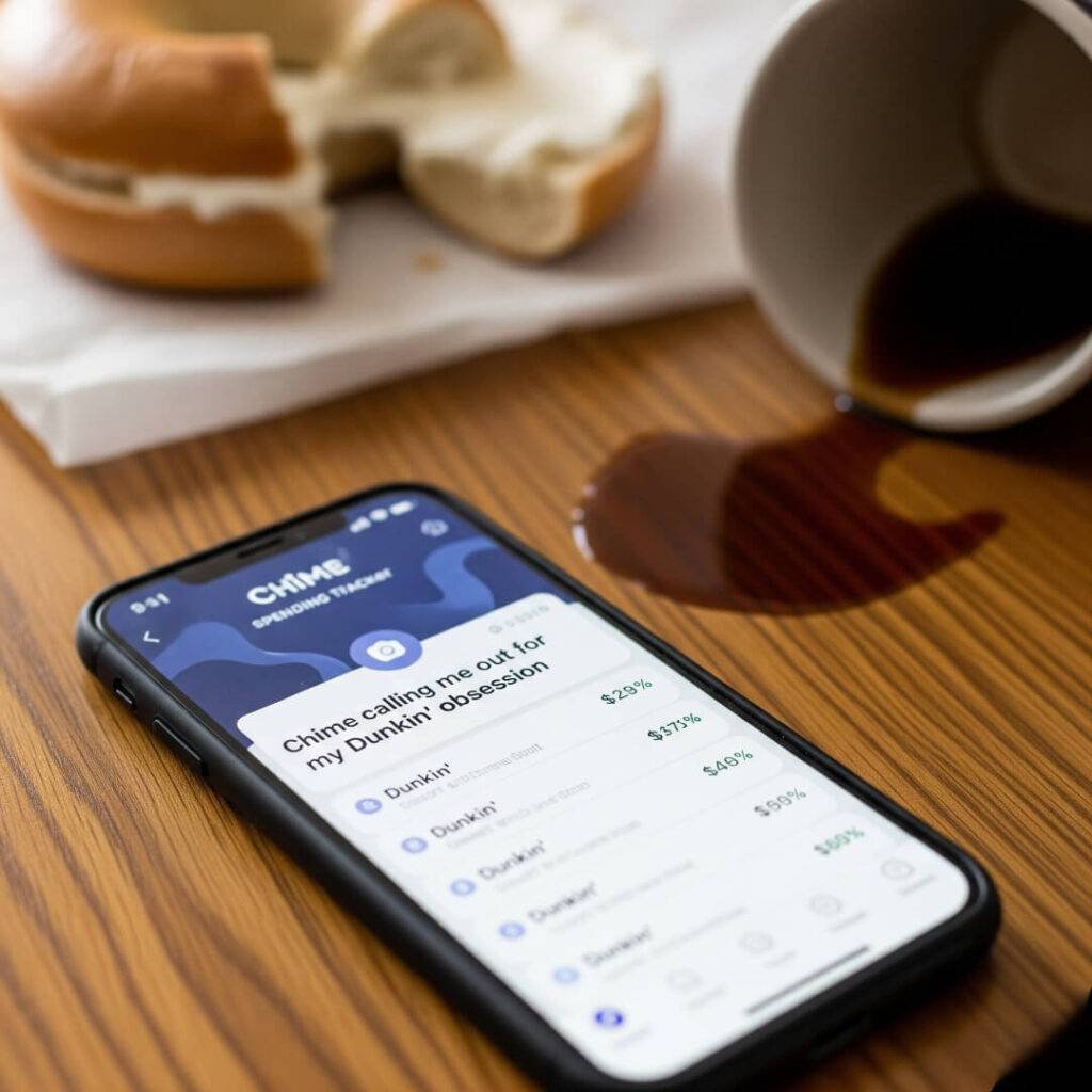 Chime app showing spending on a messy table
