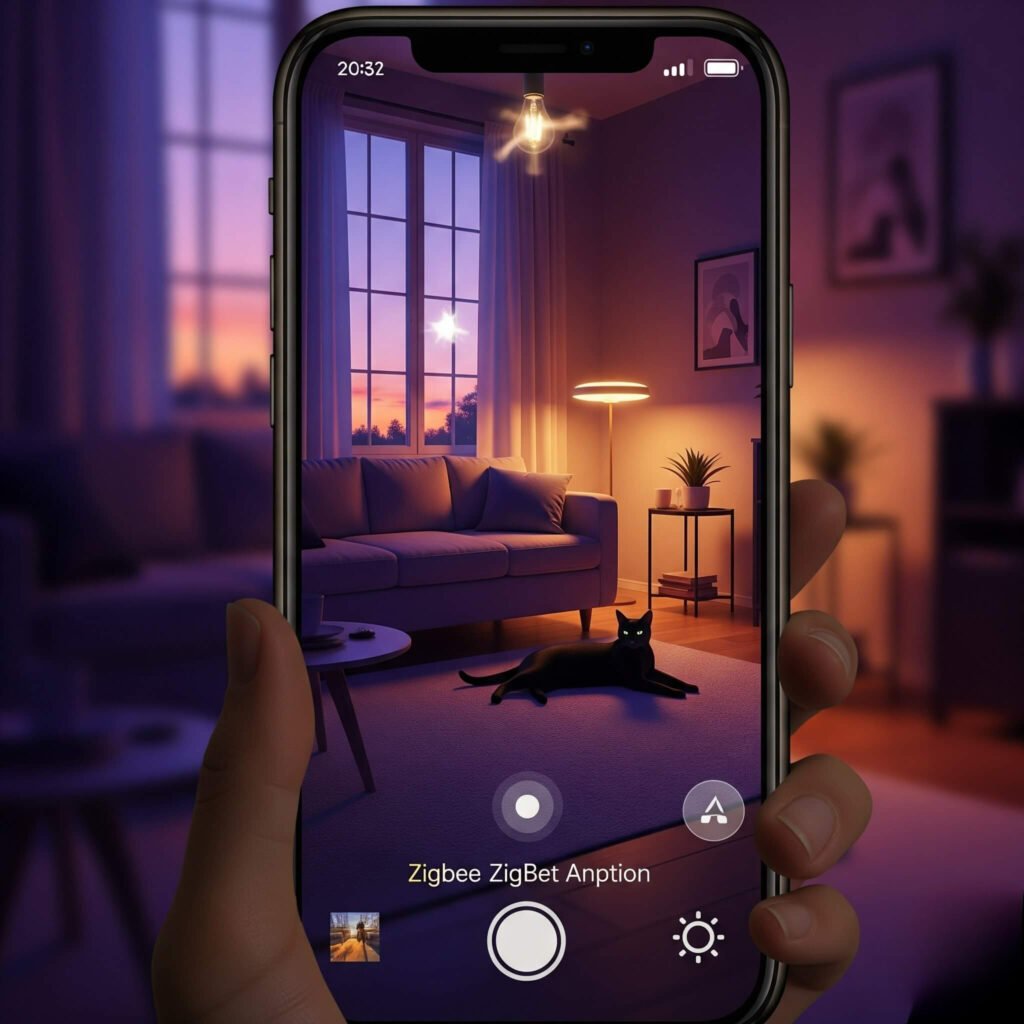 Dusk living room with Zigbee lights, flickering bulb