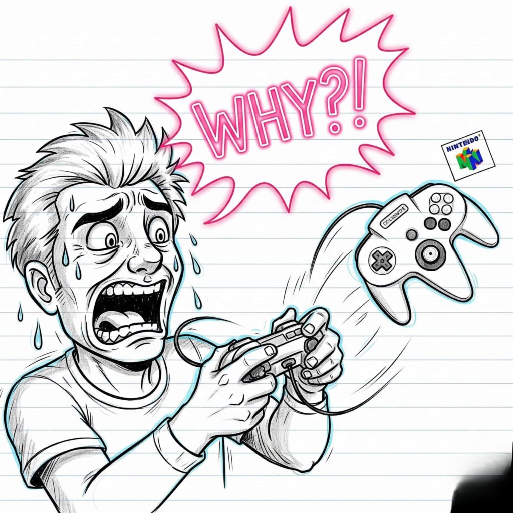 Humorous doodle of panicking while playing GoldenEye 007.