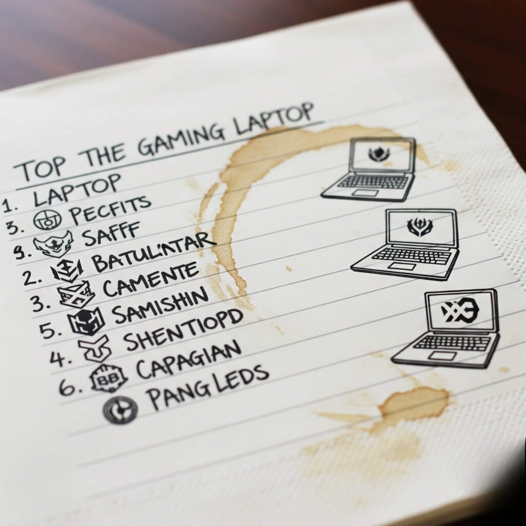 Hand-drawn gaming laptop rankings on a coffee