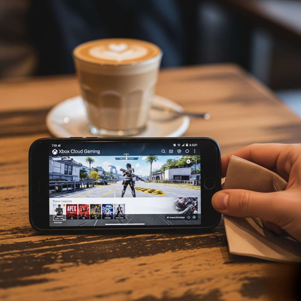 Gaming on Xbox Cloud in a coffee shop.