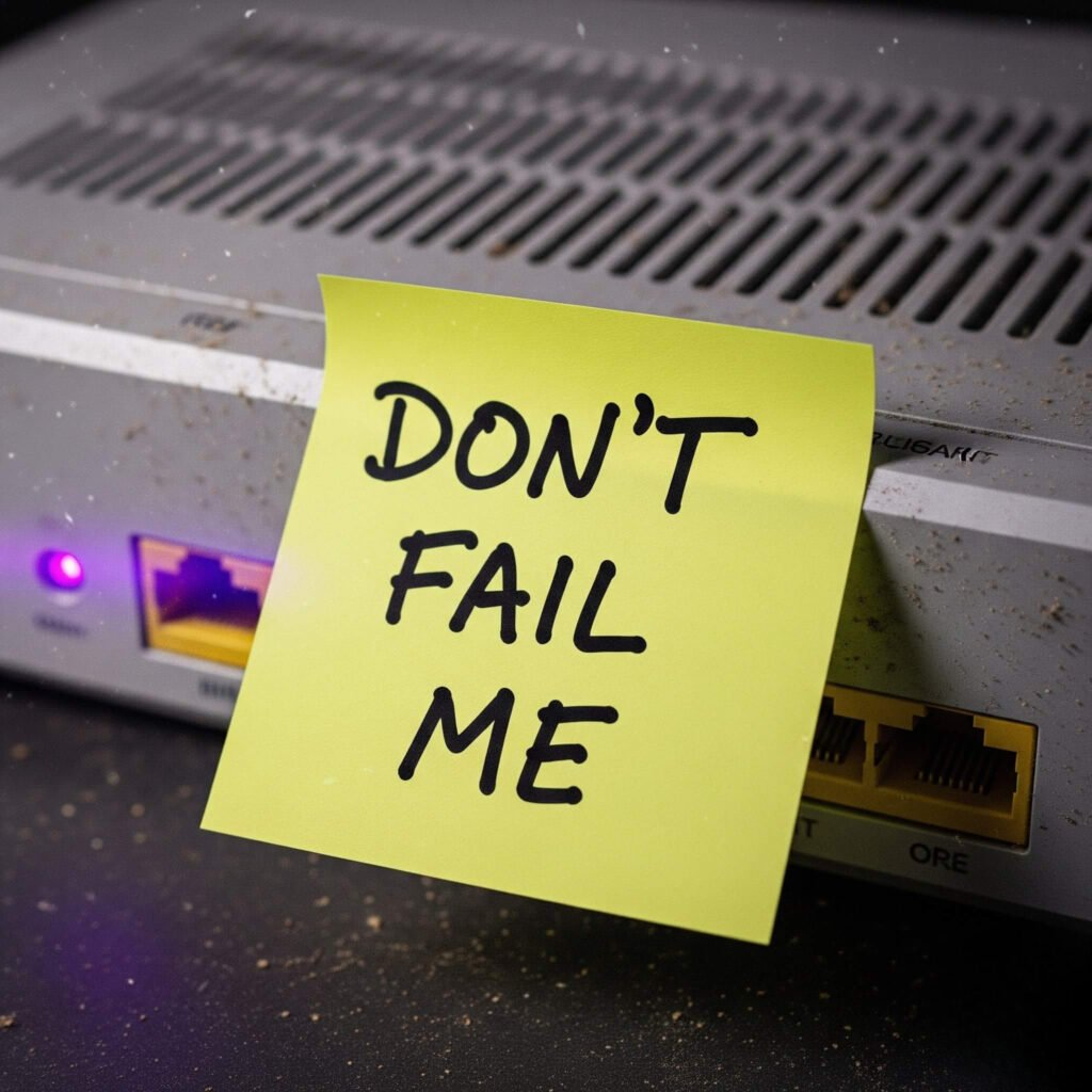 Dusty router with "DON'T FAIL ME" sticky note.
