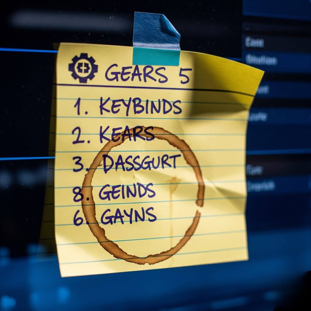 Gears 5 keybinds on a coffee-stained sticky note