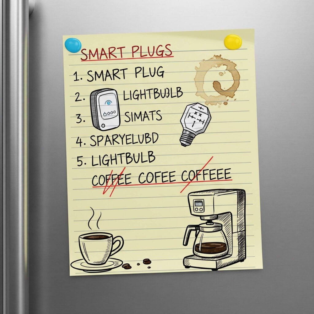 Fridge sticky note with smart home device list.