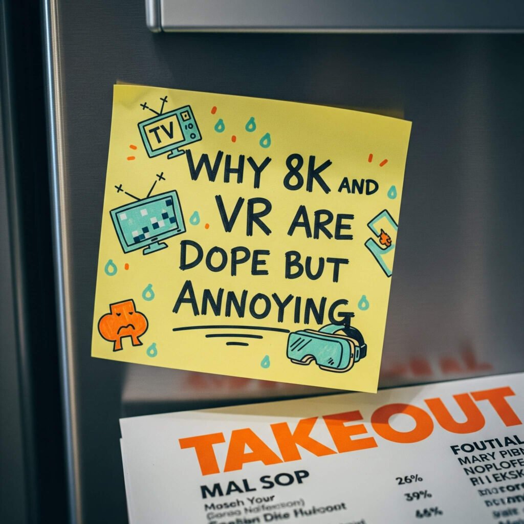 Fridge sticky note with "Why 8K and VR Are Dope