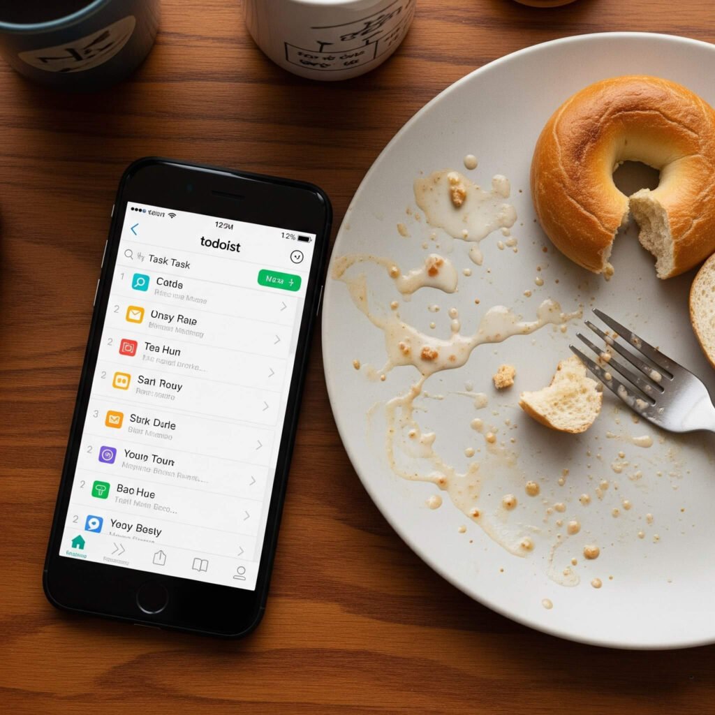 Todoist task list on low battery phone.