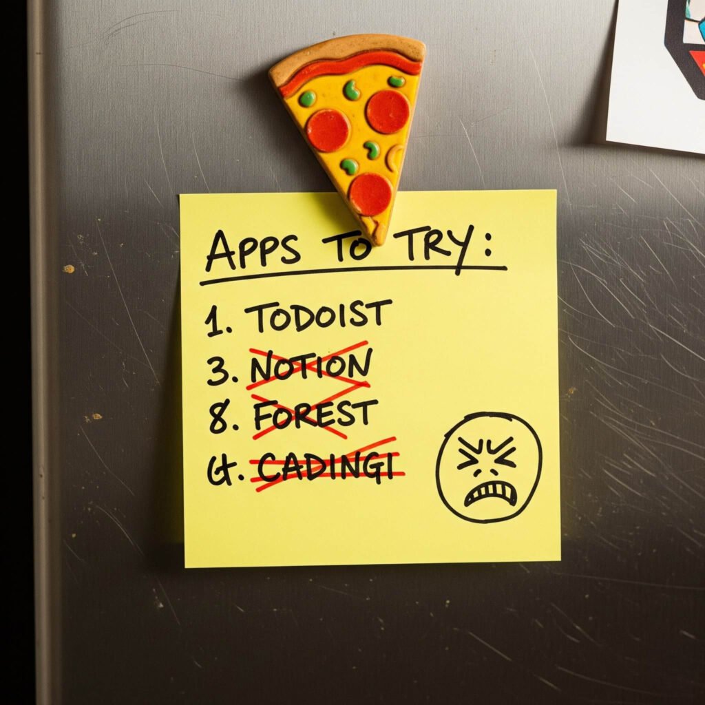 Apps list on fridge with pizza magnet.