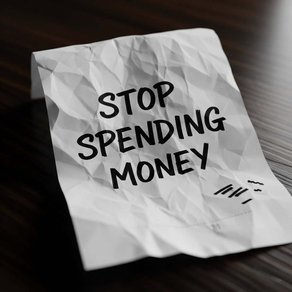 Crumpled receipt, "STOP SPENDING MONEY"