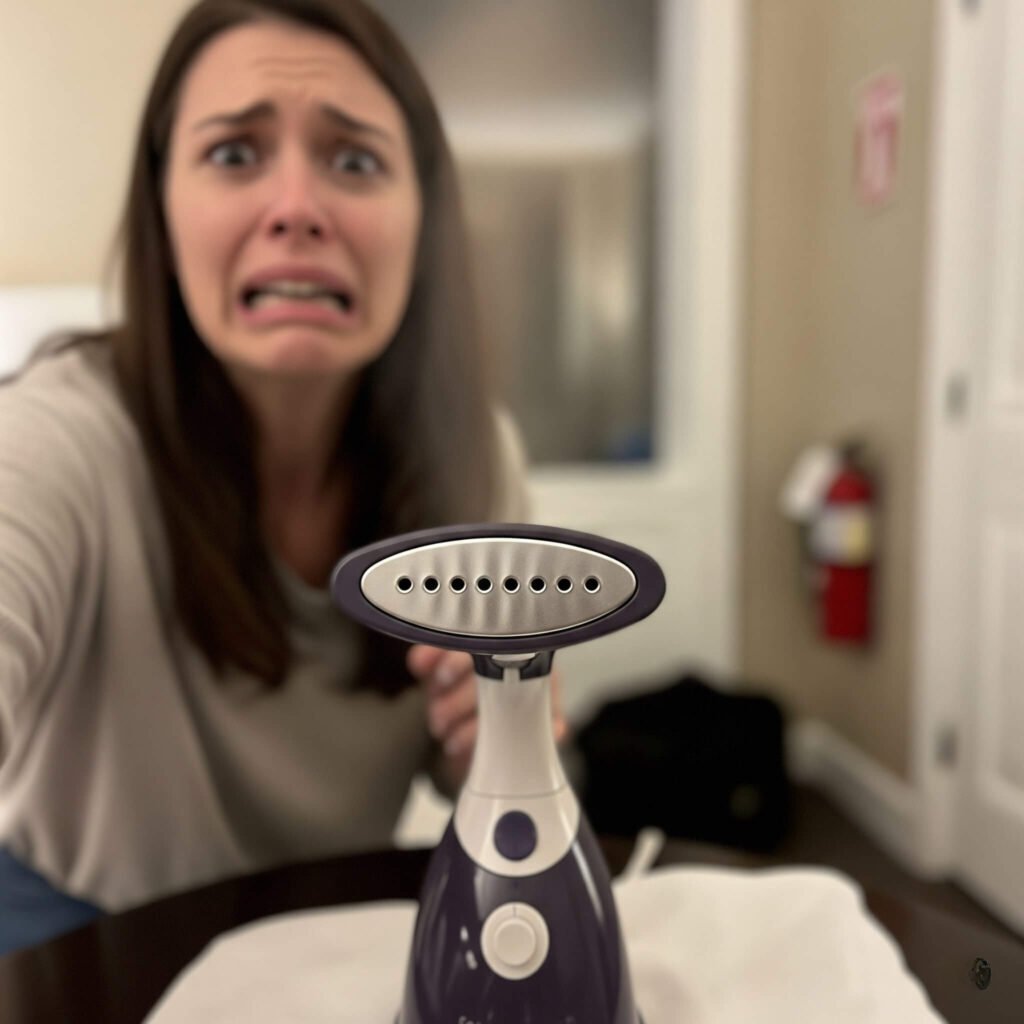 Panic selfie with steamer and fire extinguisher.