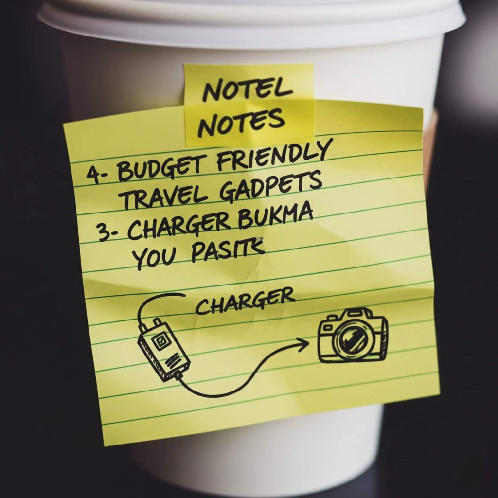 Charger, map, notebook, coffee.