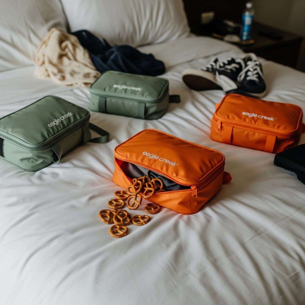 Messy hotel bed with colorful packing cubes.