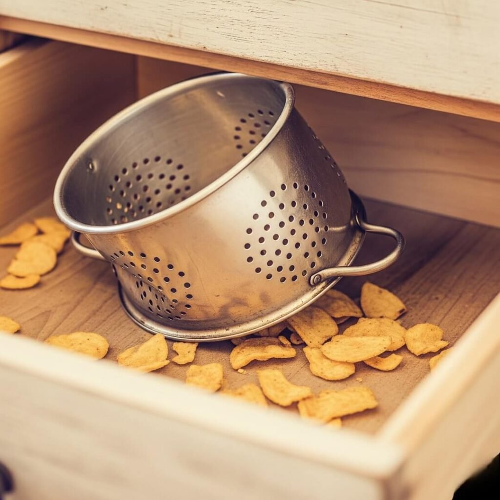 Chip Crumbs in Colander: A Vintage-Filtered Tale of a Messy Drawer