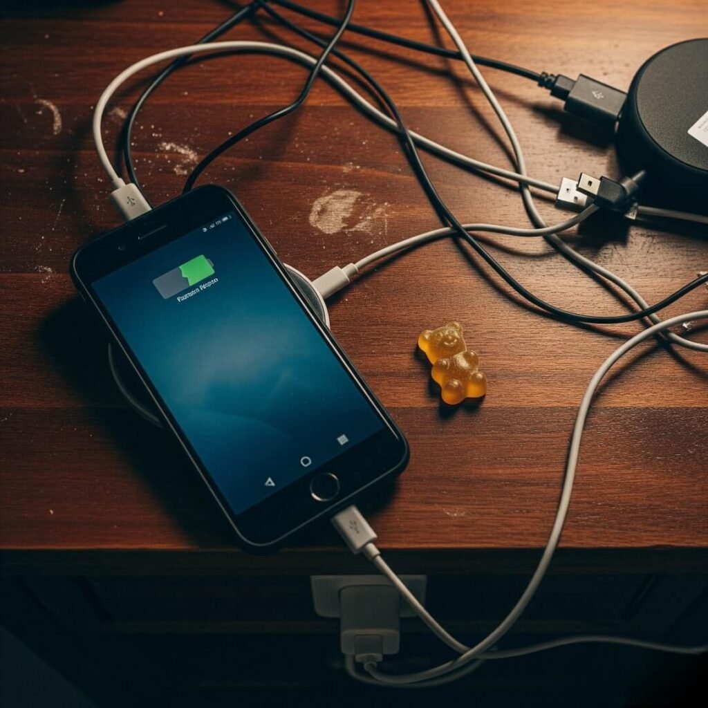 Top-Down View of a Messy Nightstand with Charging Phone