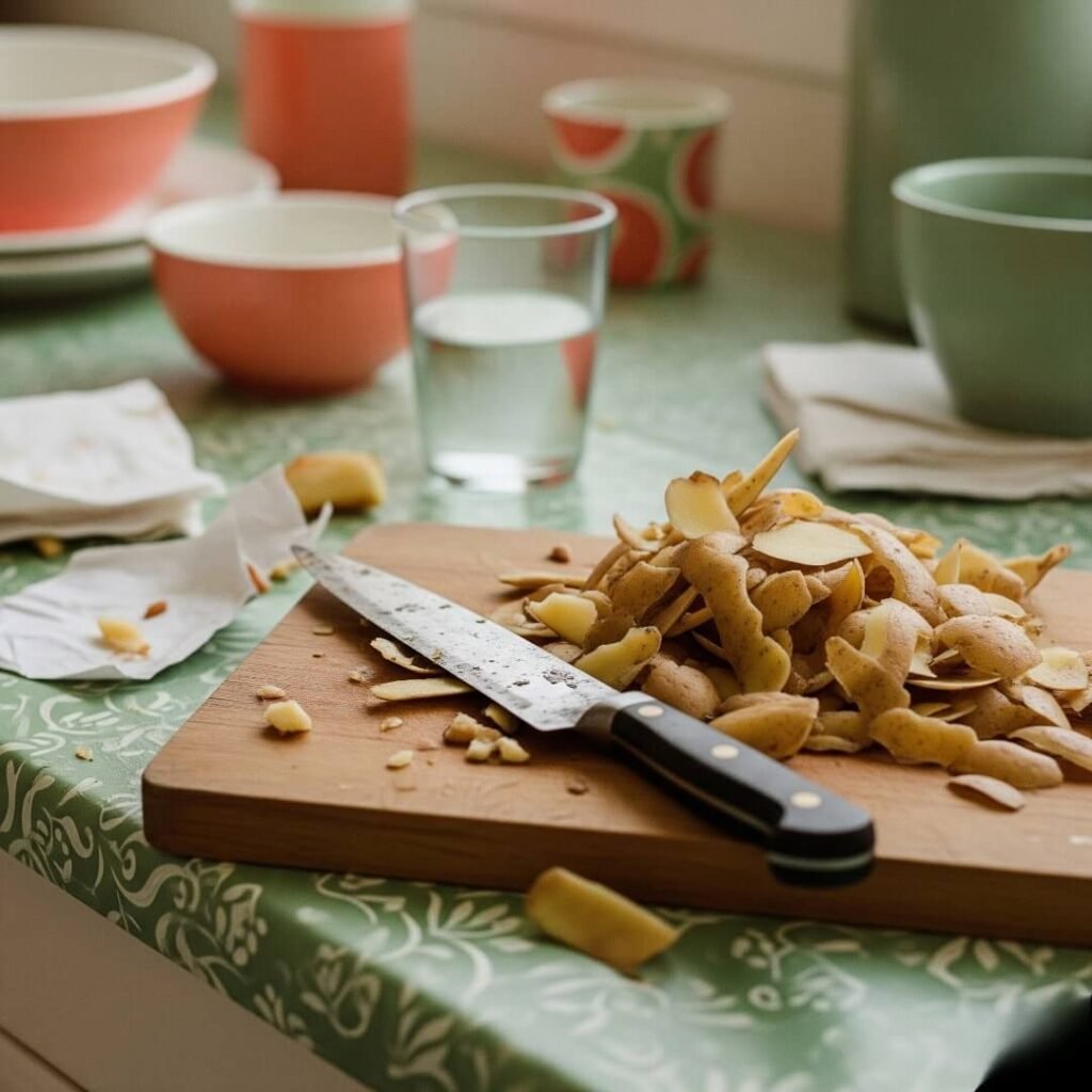 Dull Knife and Potato Peels: A Messy Kitchen Scene