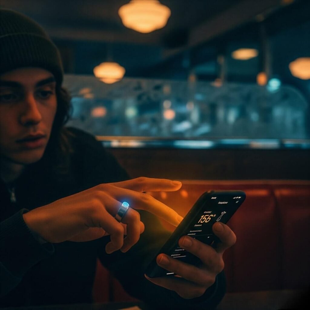 Late-Night Oura Ring Data Check in a Moody Diner