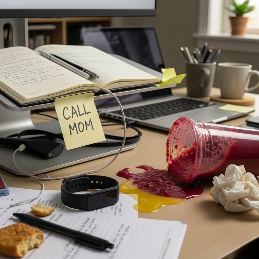 Desk Chaos: The Fitbit, Spilled Smoothie, and Forgotten Calls