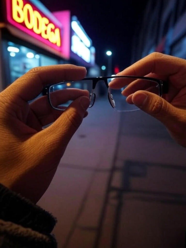 Smudgy hands adjust smart glasses near neon bodega