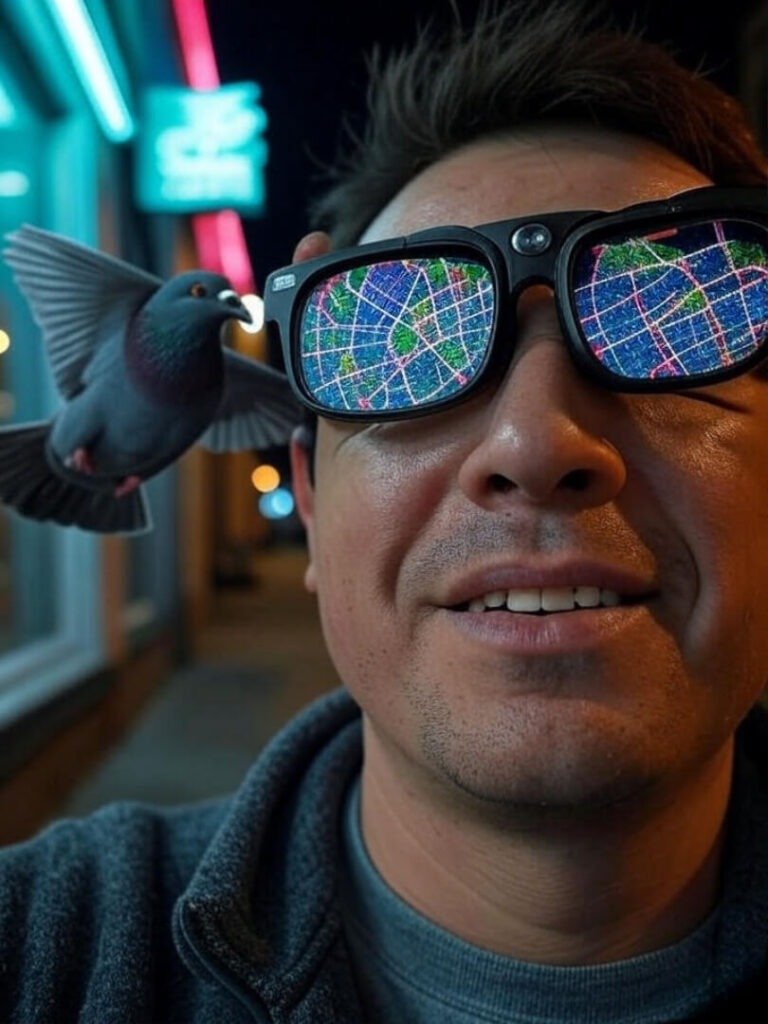 Crooked ARVision selfie, glitchy map, pigeon photobombs in Philly