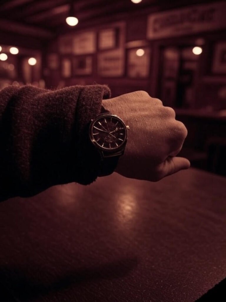 Blurry hybrid watch, flannel sleeve, moody Tacoma bar