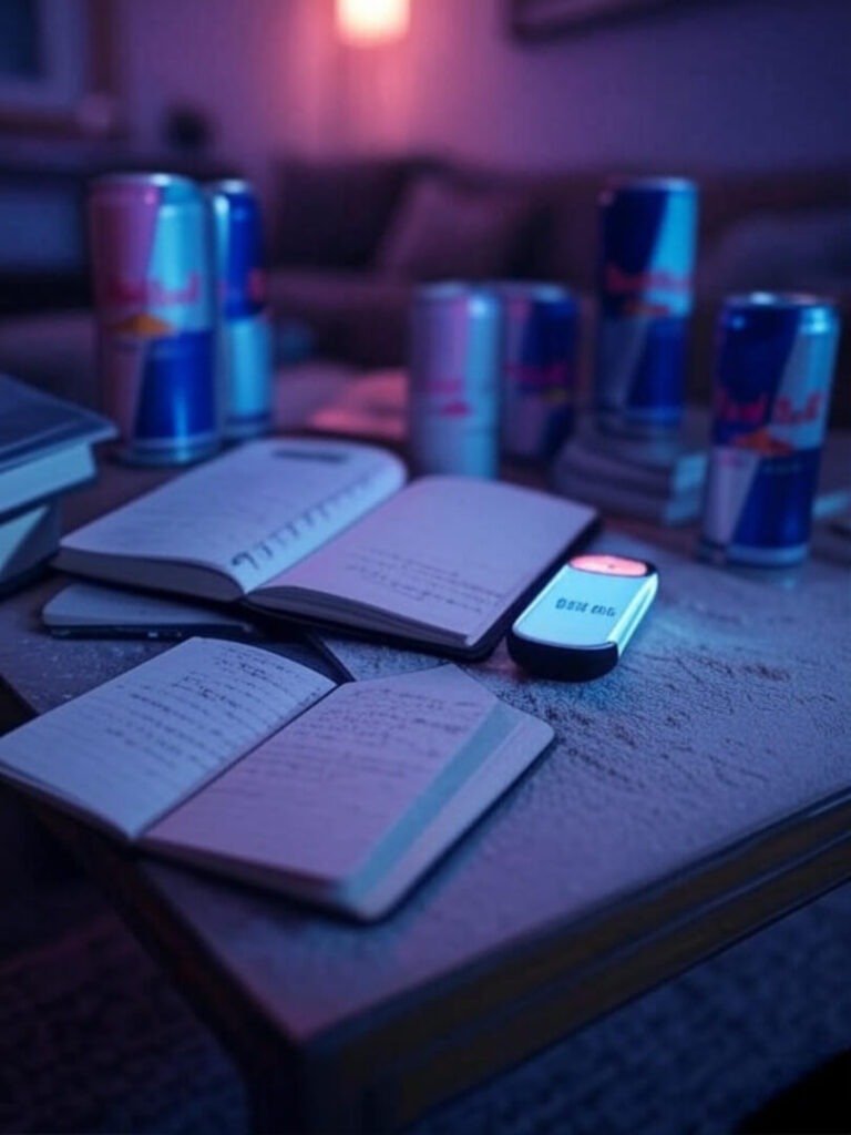 Cluttered table, Red Bull, tracker glows "Goal Met"