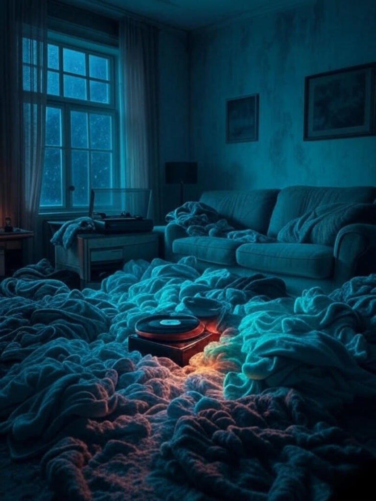 Teal smart lights glow over messy laundry pile