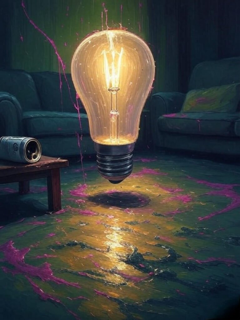 Flickering bulb, spilled drink, messy living room chaos