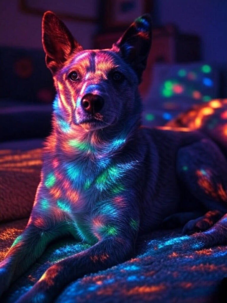 Dog puzzled by funky smart light shadows, vintage vibe