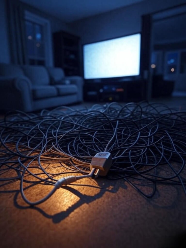 Chaotic cable mess with mocking smart plug, low angle