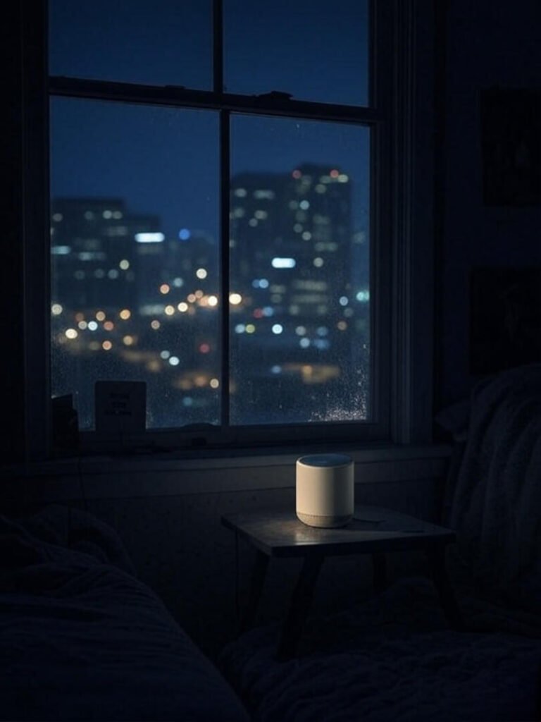 Night window, glowing smart speaker, blurry Portland lights