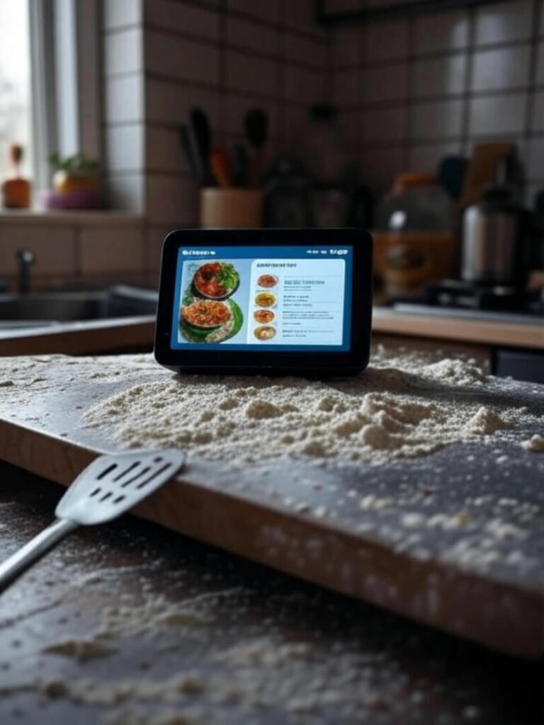 Messy kitchen counter, Echo Show 8 with recipe, flour, spatula, neon pink frame