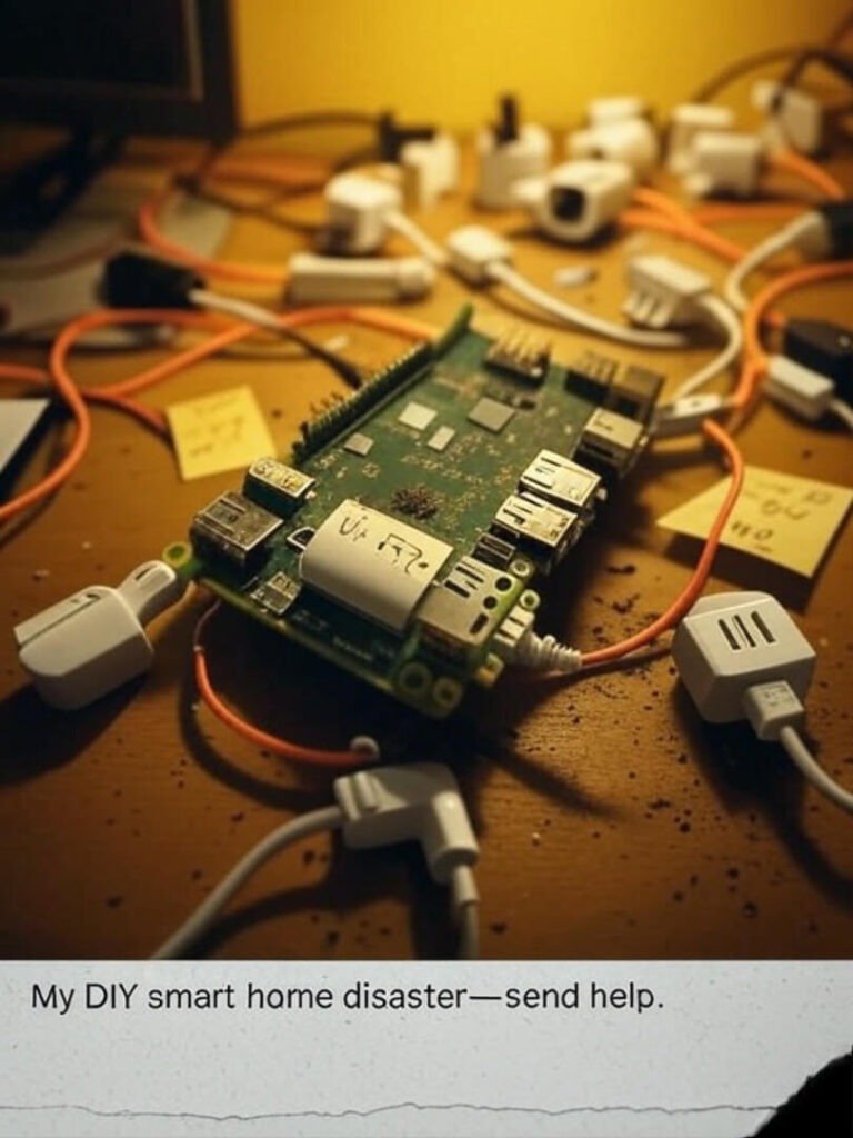 Chaotic desk with dead Raspberry Pi, smart plugs, Wi-Fi note