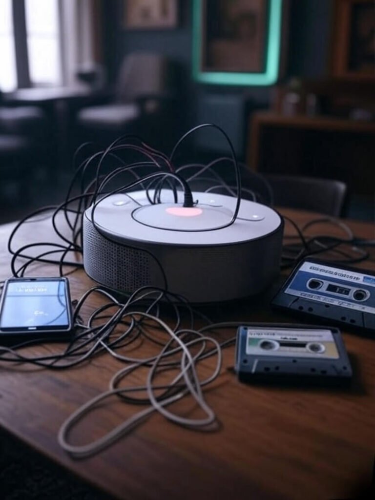 Chaotic smart home setup with wires, retro tape, error vibe