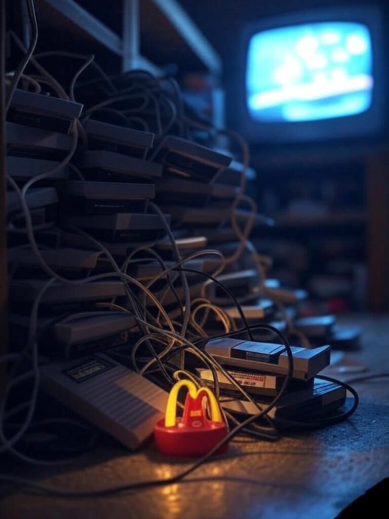 Messy basement shelf with NES games, cords, McDonald’s toy glow