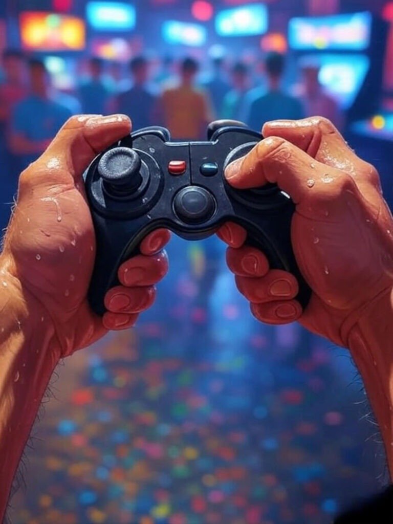 Sweaty hands on joystick, blurry arcade crowd