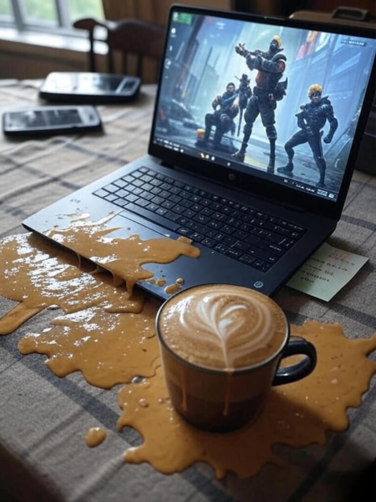 Gaming laptop, spilled latte, scratched phone, messy coffee table