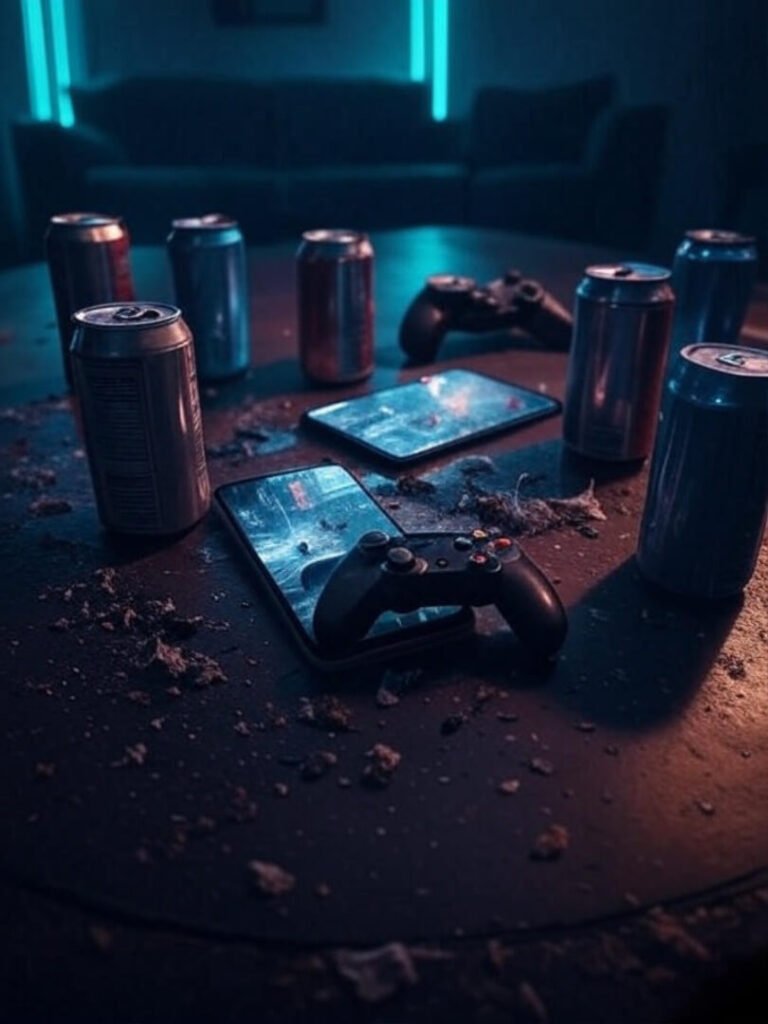Chaotic gaming table with soda cans, crashed phone